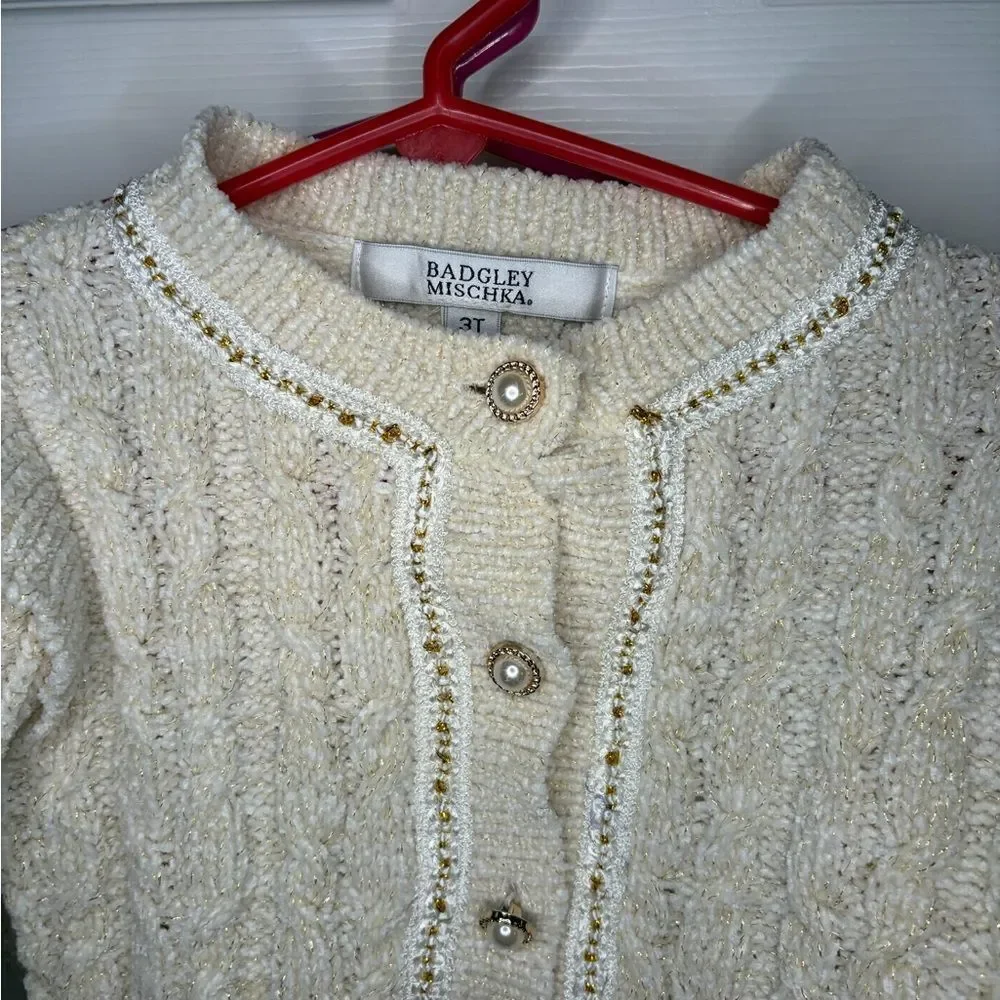 Badgley Mischka Cream Cable Knit Pearl Button Gold Metallic Sweater Set Girl 3T